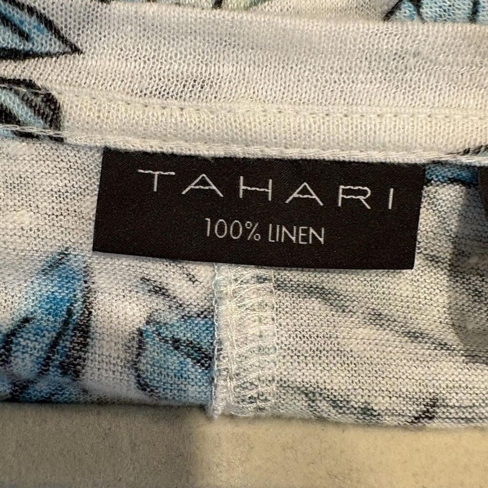 Tahari Top Womens 1X Blue Linen Floral Tunic V Neck 3/4 Sleeve Summer Casual - Picture 4 of 6